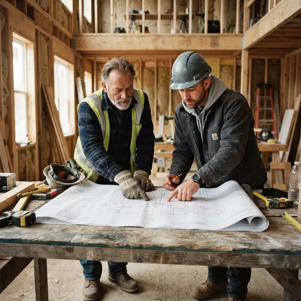 NovaHaus builders reviewing blueprints on a residential job site