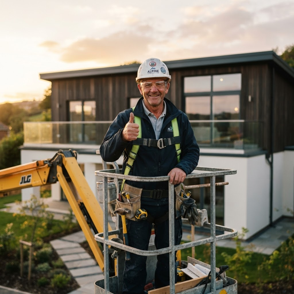 Slava, founder of NovaHaus Developments, standing in a lift in front of a completed home